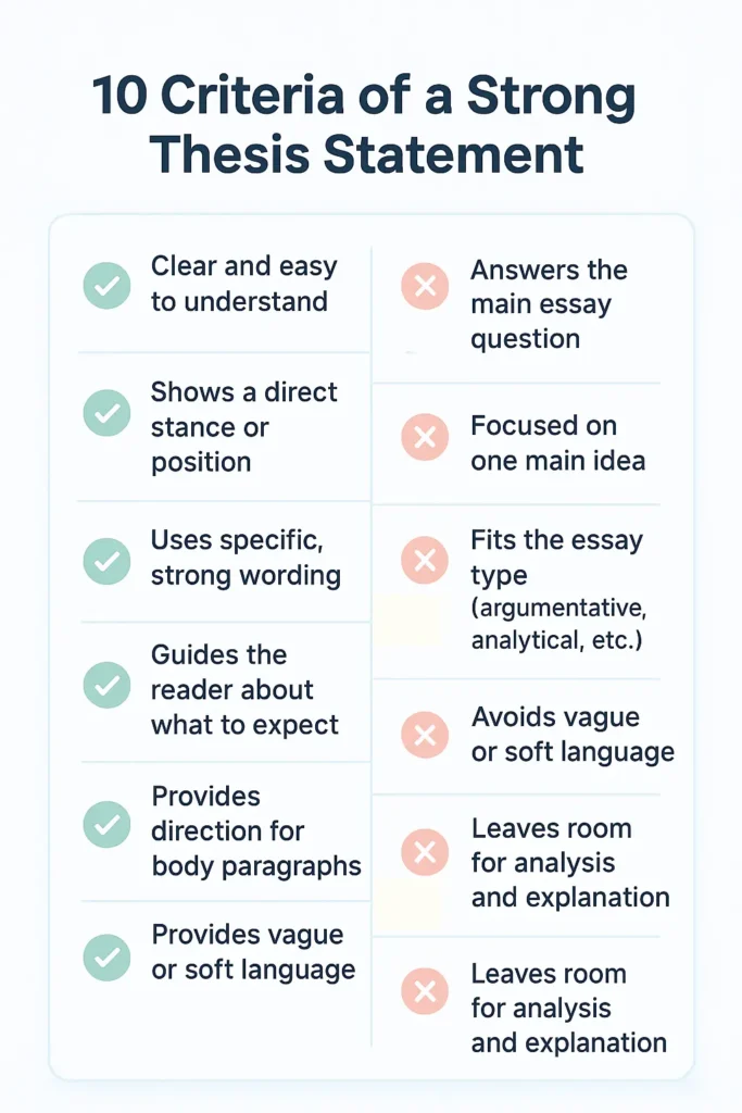 Infographic showing 10 criteria of a strong thesis with green checkmarks and common mistakes with red crosses.