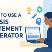 A college student using an online thesis statement generator on a laptop to improve essay writing clarity.