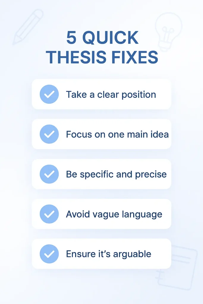 Small infographic checklist showing “5 Quick Thesis Fixes” in a blue and white design to help students improve thesis statements using a thesis statement maker.
