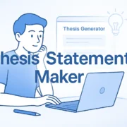 Feature image showing a student using a thesis statement maker on a laptop with a blue and white design, illustrating clear and strong thesis statement creation.