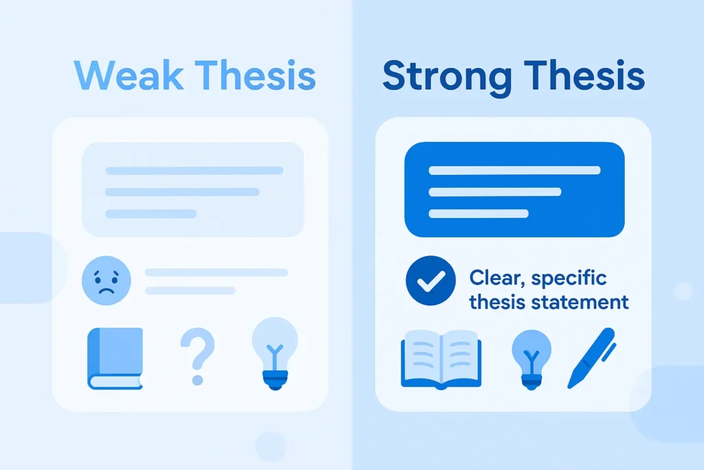 Infographic showing the 3-step thesis formula with an auto-generated thesis example in a blue and white design to demonstrate how a thesis statement maker works.
