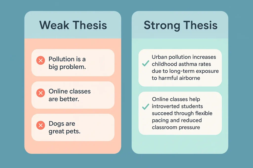 Infographic comparing weak and strong thesis statements in two columns with red X-marks and green checkmarks.