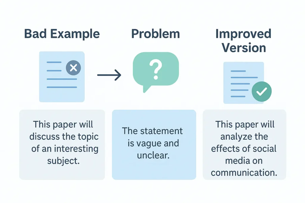 Infographic showing steps to fix examples of good and bad thesis statements, including the bad example, the problem, and the improved version.