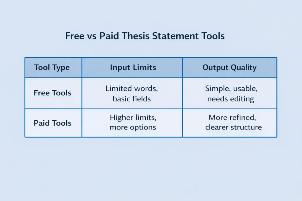 Comparison table showing free versus paid thesis statement tools with differences in input limits and output quality.