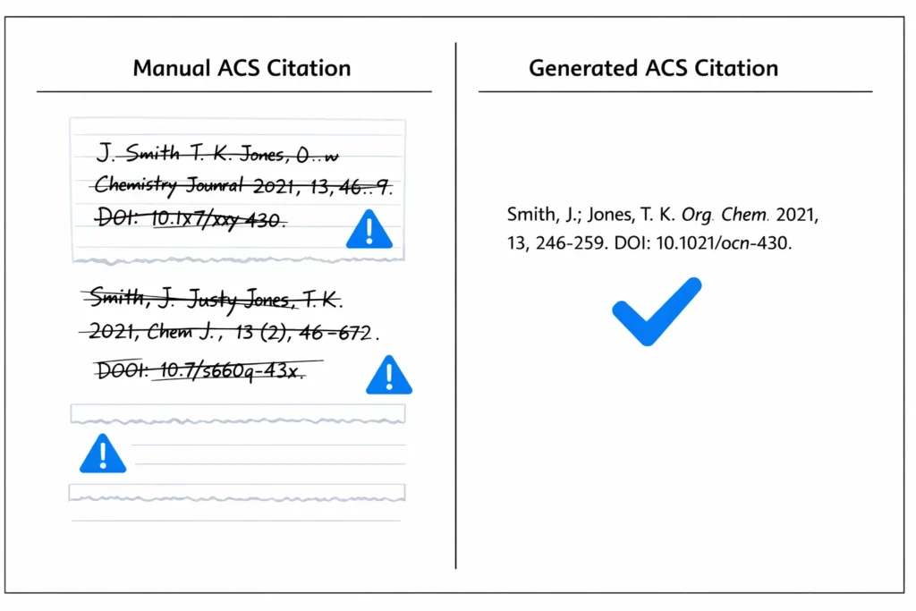 Side by side comparison of manual ACS citation and generated ACS citation showing formatting differences