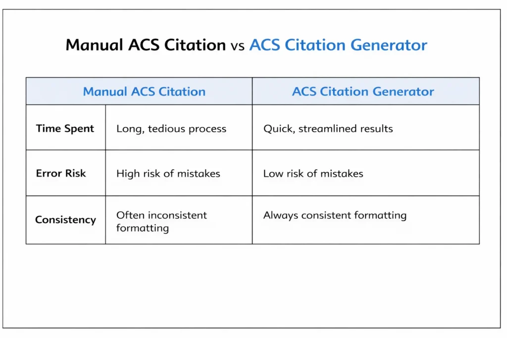 Comparison table showing manual ACS citation versus ACS citation generator for time spent error risk and consistency