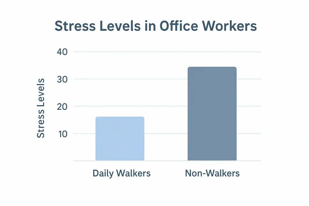 Bar graph comparing stress levels of office workers who walk daily and those who don’t, included to support examples of good and bad thesis statements in the article.