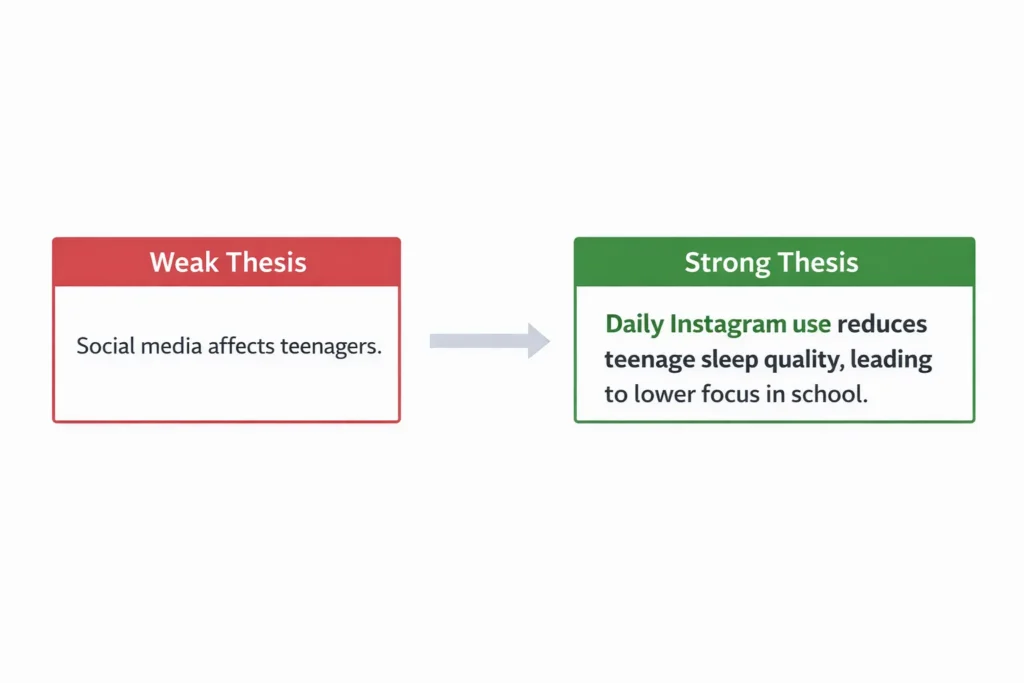 Side-by-side infographic comparing a weak thesis statement with a strong thesis statement to illustrate clarity and impact in academic writing