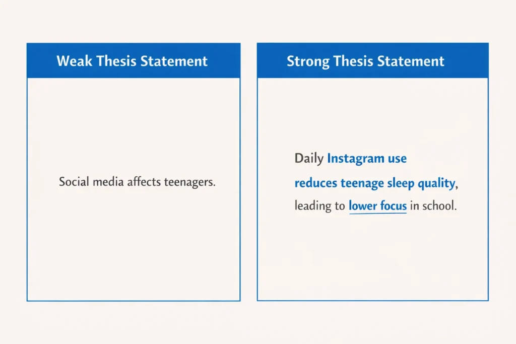 Side by side comparison of weak and strong thesis statements highlighting key structure differences using blue and black text