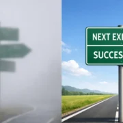 Split image showing a blurry road sign and a clear road sign to illustrate the difference between a weak and strong thesis statement