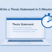 Student writing a thesis statement in five minutes using an online tool on a laptop.