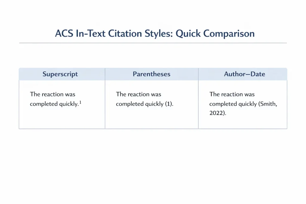 Side-by-side infographic comparing ACS in-text citation styles, including superscript, parentheses, and author-date examples.