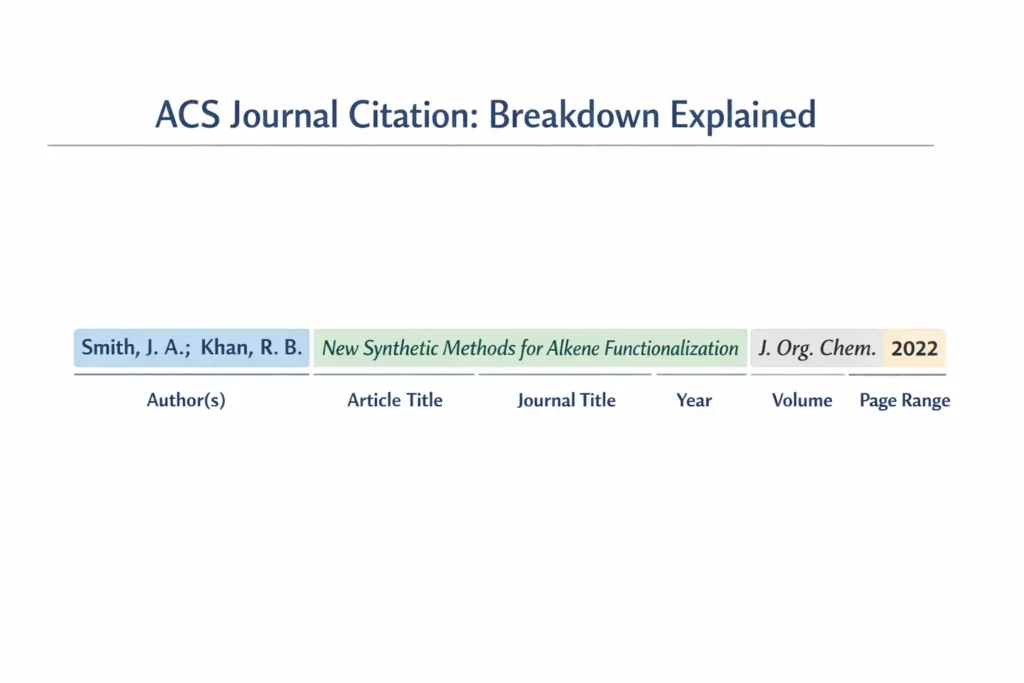 nfographic showing a breakdown of an ACS journal citation with author, title, year, volume, and pages highlighted