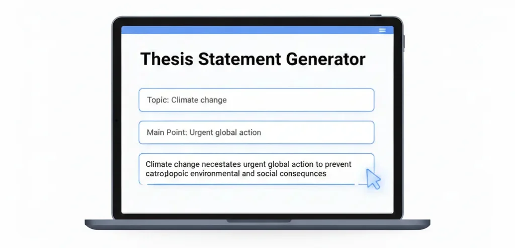 Illustration of Thesis Statement Generator showing a laptop screen with a generated thesis statement and interactive input boxes